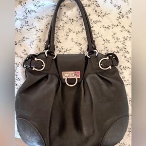 Salvatore Ferragamo Black Leather Shoulder Bag with Silver Hardware